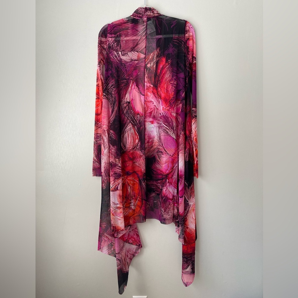Fuzzi Sheer Astract Floral Print Draped Open Front Mesh Tulle Cardigan XS - Picture 6 of 7